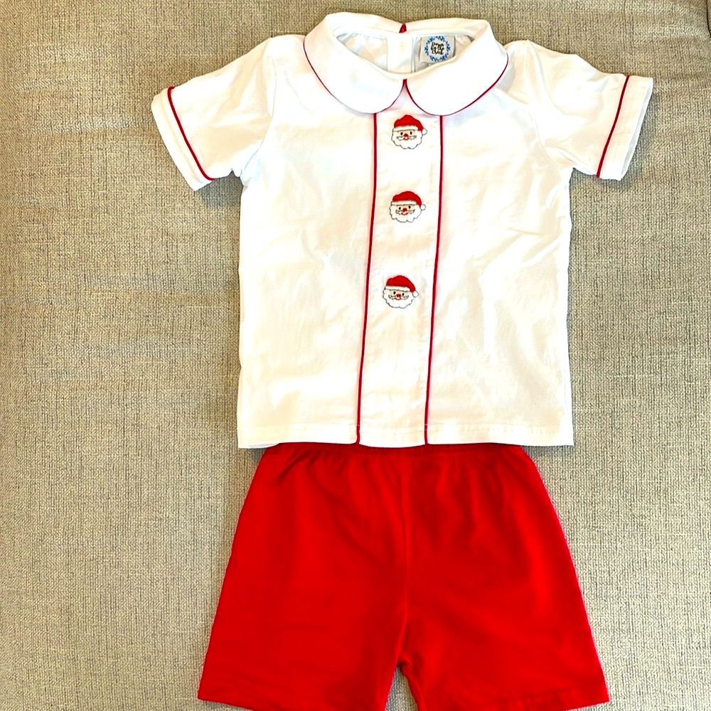 Santa Christmas outfit, embroidered peter pan collared top & shorts set, size 5